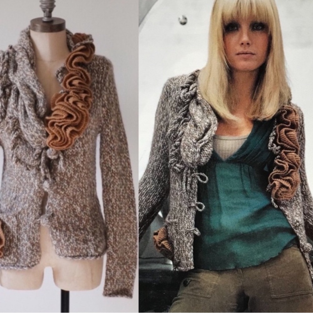 HWR ANTHROPOLOGIE RUFFLE tweed marled brown alpaca wool sweater lackeycardigan S